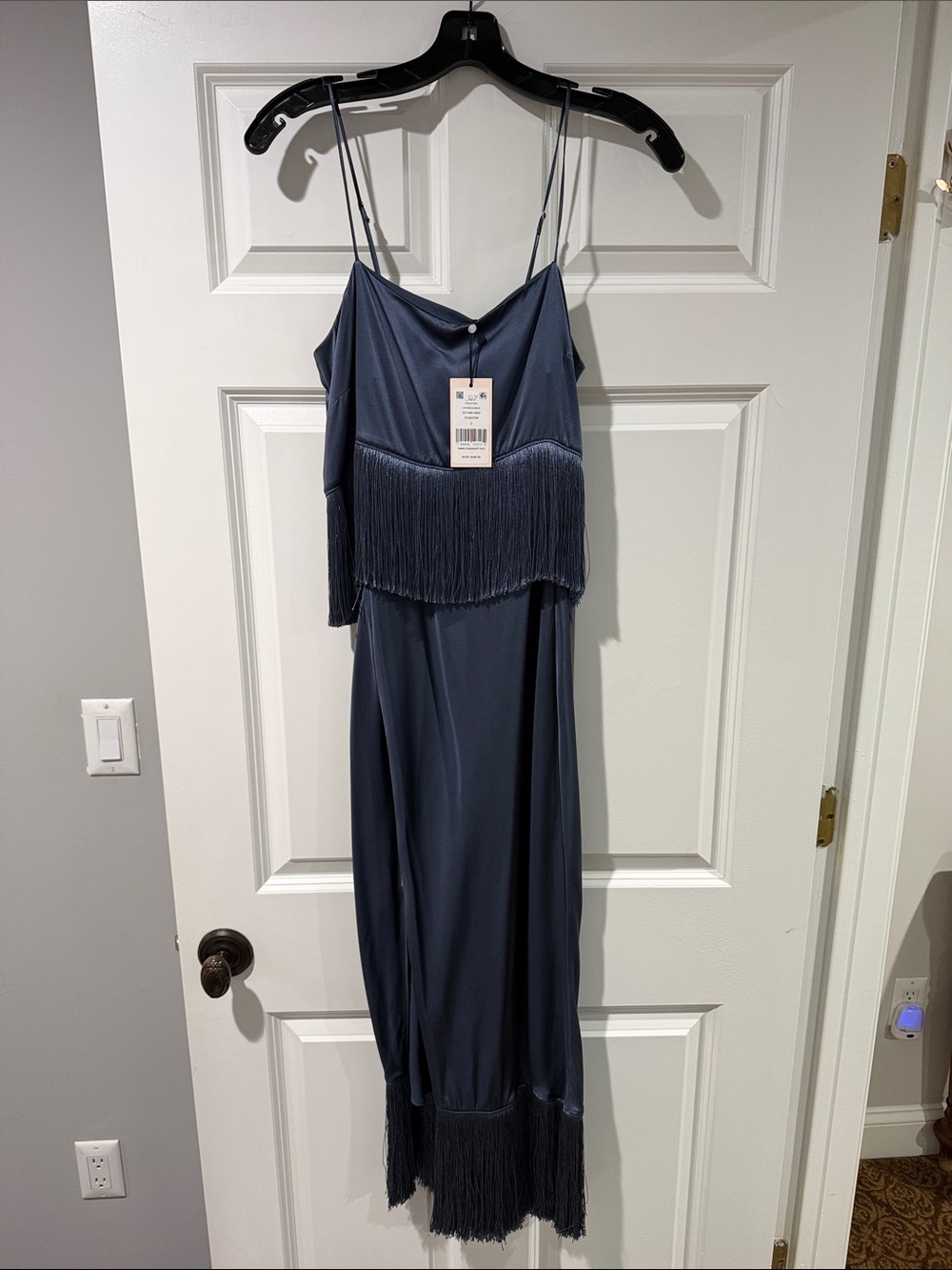 Fringed Navy Maxi Slip Dress with Spaghetti Straps